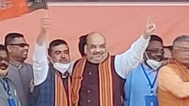 Union Home Minister Amit Shah during a public rally, in Paschim Medinipur on Saturday.(ANI)