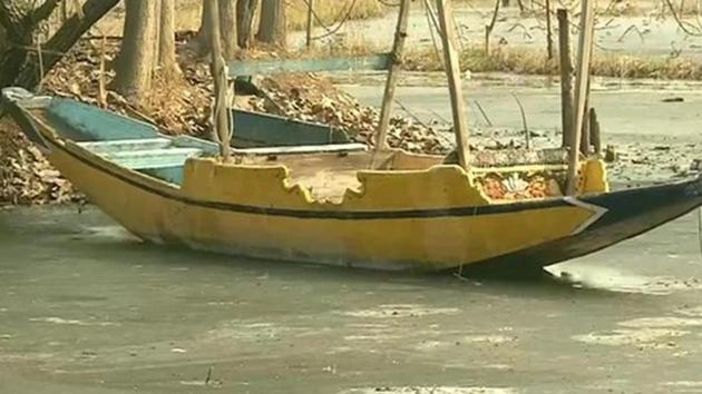 The image shows the frozen Dal Lake.(ANI)