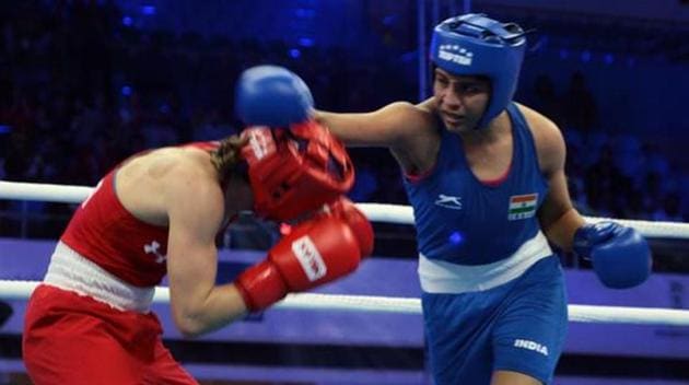 Photo of Indian boxer Simranjeet Kaur (in blue outfit)(Twitter) Photo of Indian boxer Simranjeet Kaur (in blue outfit)(Twitter)
