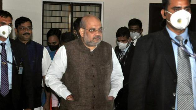 Union Home Minister Amit Shah arrives for a press meeting at Santiniketan in Birbhum district. (PTI) Union Home Minister Amit Shah arrives for a press meeting at Santiniketan in Birbhum district. (PTI)