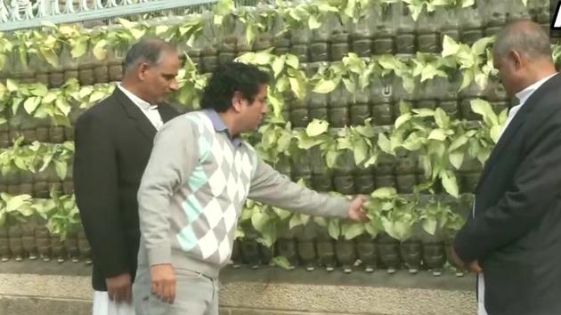 The image shows the vertical garden created with waste plastic bottles.(ANI)