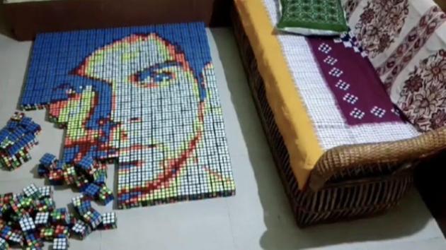The image shows a portrait of Rajkummar Rao created using 500 Rubik’s cubes.(Instagram/@cubemaster_sd)