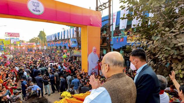 Union home minister Amit Shah during an election campaign rally ahead of West Bengal assembly polls 2021, at Bolpur in Birbhum.(PTI Photo) Union home minister Amit Shah during an election campaign rally ahead of West Bengal assembly polls 2021, at Bolpur in Birbhum.(PTI Photo)