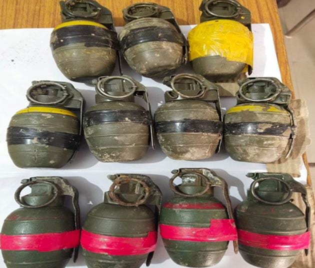The grenades that were recovered. The drone was not found and is likely to have flown back into the Pakistan territory after dropping the payload. The grenades that were recovered. The drone was not found and is likely to have flown back into the Pakistan territory after dropping the payload.