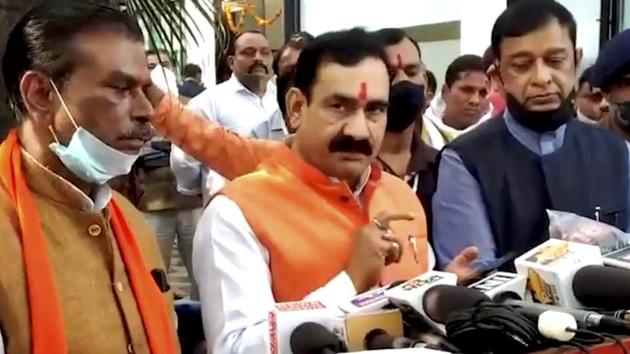 Madhya Pradesh home minister Narottam Mishra talks to the media. Under the new bill, the punishment for forced religious conversions is 1-10 years of imprisonment and a maximum fine of 1 lakh, he said on Saturday.(PTI FILE)