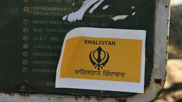 A file photo of a sticker on Khalistan seen pasted on a signboard, in Chandigarh, India, on October 11, 2020.((File photo by Keshav Singh/Hindustan Times)) A file photo of a sticker on Khalistan seen pasted on a signboard, in Chandigarh, India, on October 11, 2020.((File photo by Keshav Singh/Hindustan Times))
