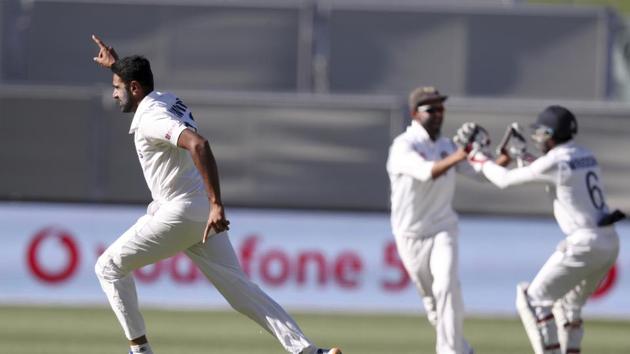 India's Ravichandran Ashwin, left, celebrates taking the wicket of Australia's Steve Smith for 1 run on the second day of their cricket test match at the Adelaide Oval in Adelaide, Australia, Friday, Dec. 18, 2020. (AP Photo/James Elsby) (AP) India's Ravichandran Ashwin, left, celebrates taking the wicket of Australia's Steve Smith for 1 run on the second day of their cricket test match at the Adelaide Oval in Adelaide, Australia, Friday, Dec. 18, 2020. (AP Photo/James Elsby) (AP)