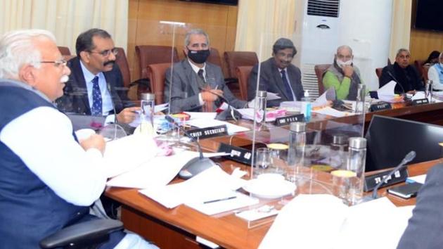Chief minister Manohar Lal Khattar during the cabinet meeting in Chandigarh on Wednesday. (HT Photo) Chief minister Manohar Lal Khattar during the cabinet meeting in Chandigarh on Wednesday. (HT Photo)