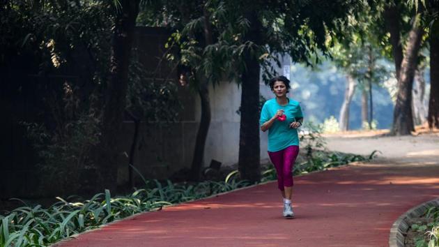 A synthetic track for walkers and joggers at Nehru Park in New Delhi, India.(Amal KS/HT PHOTO)