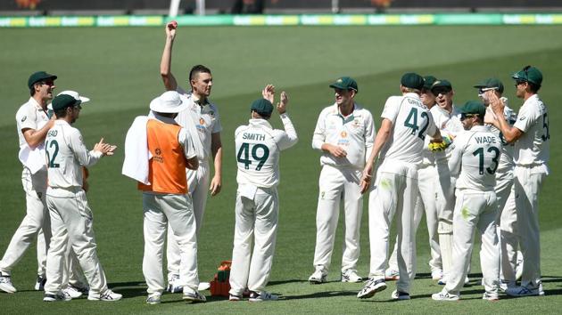 Australian bowler Josh Hazlewood shows the ball after taking his 5th wicket on day 3 of the first test match between Australia and India at Adelaide Oval, Adelaide, Australia, December 19, 2020.(via REUTERS) Australian bowler Josh Hazlewood shows the ball after taking his 5th wicket on day 3 of the first test match between Australia and India at Adelaide Oval, Adelaide, Australia, December 19, 2020.(via REUTERS)