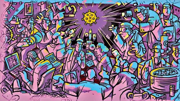Scientists, doctors, public health officials and pharmaceutical companies around the world have since embarked on a race against time, redirecting their collective focus and energies in a manner that has paralleled some of history’s greatest collaborative efforts such as the Manhattan Project or the Apollo programme. (Illustration by Jayachandran) Scientists, doctors, public health officials and pharmaceutical companies around the world have since embarked on a race against time, redirecting their collective focus and energies in a manner that has paralleled some of history’s greatest collaborative efforts such as the Manhattan Project or the Apollo programme. (Illustration by Jayachandran)