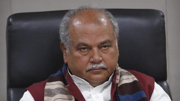 India’s agriculture minister Narendra Singh Tomar looks on during a press conference with representatives of foreign media organizations in New Delhi.(AP)