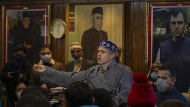 Former chief minister of Jammu and Kashmir Omar Abdullah speaks during a meeting with his party workers a day after the District Development Council elections results in Srinagar.(AP)