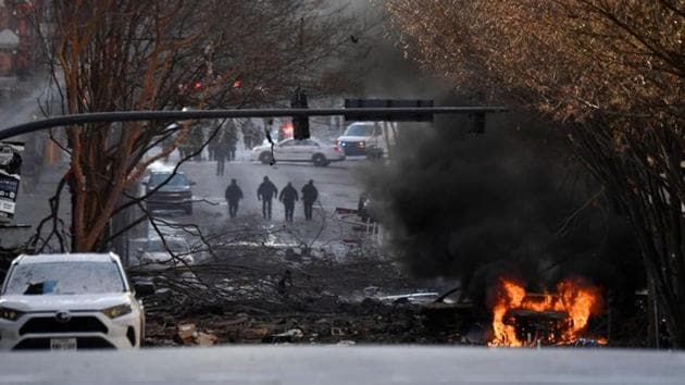 A vehicle burns near the site of an explosion in the area of Second and Commerce in Nashville, Tennessee, US.(via REUTERS) A vehicle burns near the site of an explosion in the area of Second and Commerce in Nashville, Tennessee, US.(via REUTERS)