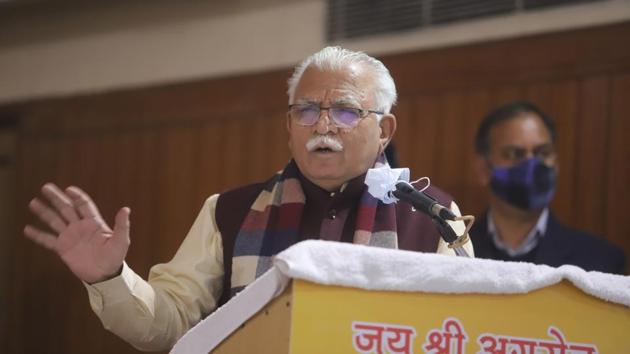 Haryana chief minister Manohar Lal Khattar speaking at a rally in Panchkula on Thursday. (HT Photo) Haryana chief minister Manohar Lal Khattar speaking at a rally in Panchkula on Thursday. (HT Photo)