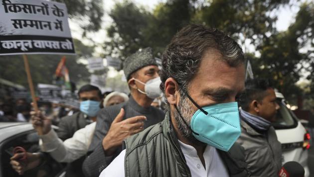 Congress party leader Rahul Gandhi, front, and other senior party members participate in a protest against new agricultural laws in New Delhi, India, Thursday, Dec. 24, 2020. Congress party leaders met Indian President Ram Nath Kovind Thursday and demanded withdrawal of new agricultural laws that have stoked widespread anger among the farmers. (AP) Congress party leader Rahul Gandhi, front, and other senior party members participate in a protest against new agricultural laws in New Delhi, India, Thursday, Dec. 24, 2020. Congress party leaders met Indian President Ram Nath Kovind Thursday and demanded withdrawal of new agricultural laws that have stoked widespread anger among the farmers. (AP)