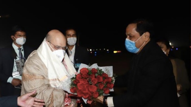 The state’s chief minister Sarbananda Sonowal received Union home minister Amit Shah at the airport. (Amit Shah on Twitter) The state’s chief minister Sarbananda Sonowal received Union home minister Amit Shah at the airport. (Amit Shah on Twitter)