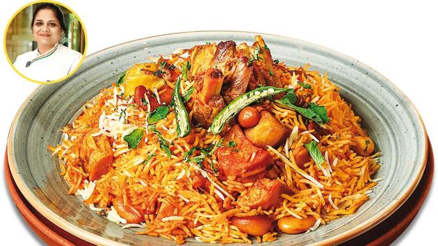 Gosht Bohri Biryani from ITC’s special only-for-delivery biryani and pulao range; (inset) Manisha Bhasin, the Corporate Chef