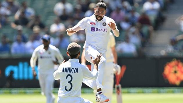 Mohammed Siraj celebrates his maiden Test wicket with captain Ajinkya Rahane. (Getty Images) Mohammed Siraj celebrates his maiden Test wicket with captain Ajinkya Rahane. (Getty Images)