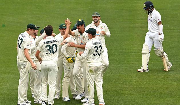 India had taken their score from 36 to 61 before Australia got their first breakthrough of the day. Pat Cummins had Cheteshwar Pujara out caught behind brilliantly by Tim Paine (Getty)