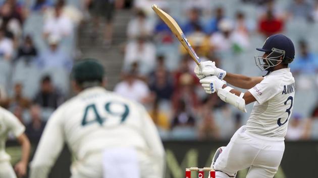 India's Ajinkya Rahane plays a pull shot during play on day two of the second cricket test between India and Australia at the Melbourne Cricket Ground, Melbourne, Australia, Sunday, Dec. 27, 2020.(AP)