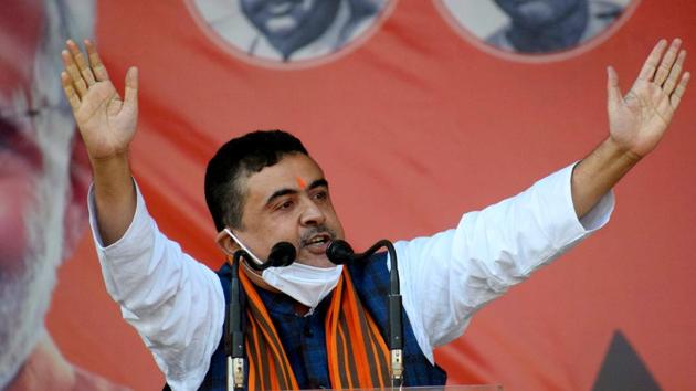 BJP leader Suvendu Adhikari addresses during a public rally, at Midnapore College Ground in Paschim Medinipur on Saturday (ANI photo) BJP leader Suvendu Adhikari addresses during a public rally, at Midnapore College Ground in Paschim Medinipur on Saturday (ANI photo)