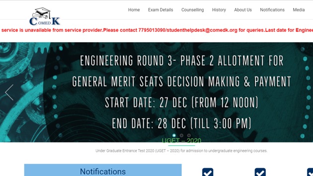 COMEDK UGET round three seat allotment results 2020.(Screengrab)