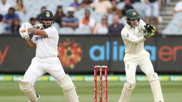 India's Rishabh Pant bats as Australian wicketkeeper Tim Paine, right, watches during play on day two of the second cricket test between India and Australia at the Melbourne Cricket Ground, Melbourne, Australia, Sunday, Dec. 27, 2020.(AP) India's Rishabh Pant bats as Australian wicketkeeper Tim Paine, right, watches during play on day two of the second cricket test between India and Australia at the Melbourne Cricket Ground, Melbourne, Australia, Sunday, Dec. 27, 2020.(AP)