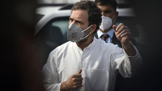 A Congress delegation led by Rahul Gandhi, Leader of opposition in Rajya Sabha Ghulam Nabi Azad and leader of Congress in Lok Sabha Adhir Ranjan Chowdhury speaks with media after meeting with President Ram Nath Kovind, outside Rashtrapati Bhawan, in New Delhi.(Sanjeev Verma/HT PHOTO) A Congress delegation led by Rahul Gandhi, Leader of opposition in Rajya Sabha Ghulam Nabi Azad and leader of Congress in Lok Sabha Adhir Ranjan Chowdhury speaks with media after meeting with President Ram Nath Kovind, outside Rashtrapati Bhawan, in New Delhi.(Sanjeev Verma/HT PHOTO)