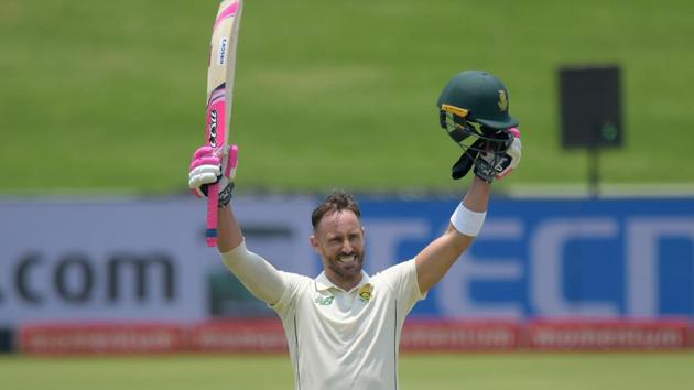 South Africa's Faf du Plessis celebrates after scoring a century (100 runs) during the third day of the first Test cricket match between South Africa and Sri Lanka at SuperSport Park in Centurion.(AFP)