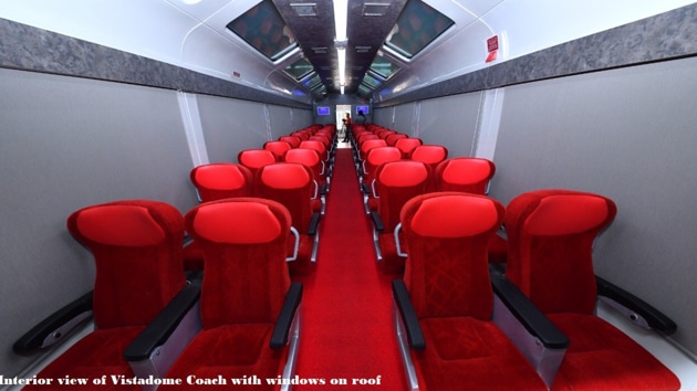 Mostly run on India’s tourist and scenic rail routes, the Vistadome coaches are made with see-through glass rooftops and wide windows that offer a panoramic view especially built for the indulgent sightseeing experience.(Twitter/@PiyushGoyal)