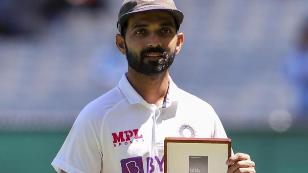 India's Ajinkya Rahane holds his man of the match award after winning the second cricket test against Australia at the Melbourne Cricket Ground, Melbourne, Australia, Tuesday, Dec. 29, 2020. India defeated Australia by eight wickets to level the series at 1-1.(AP)