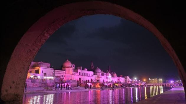 Prime Minister Narendra Modi laid the foundation stone of the Ram Temple on August 5, nearly a year after the Supreme Court's vedict in the Ram Janmabhoomi-Babri Masjid land dispute. Ayondhya’s Ram Ki Paidi, pictured here, lit up in preparation for the foundation stone laying ceremony. (Deepak Gupta / HT Photo) Prime Minister Narendra Modi laid the foundation stone of the Ram Temple on August 5, nearly a year after the Supreme Court's vedict in the Ram Janmabhoomi-Babri Masjid land dispute. Ayondhya’s Ram Ki Paidi, pictured here, lit up in preparation for the foundation stone laying ceremony. (Deepak Gupta / HT Photo)