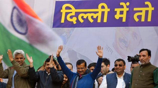 The Aam Aadmi Party (AAP), with Arvind Kejriwal at the helm of affairs as Chief Minister, returned in February with an overwhelming majority of 62 out of 70 assembly seats in the Delhi Legislative Assembly elections. This victory marked Kejriwal's third stint as chief minister. (Amal KS / HT Photo) The Aam Aadmi Party (AAP), with Arvind Kejriwal at the helm of affairs as Chief Minister, returned in February with an overwhelming majority of 62 out of 70 assembly seats in the Delhi Legislative Assembly elections. This victory marked Kejriwal's third stint as chief minister. (Amal KS / HT Photo)