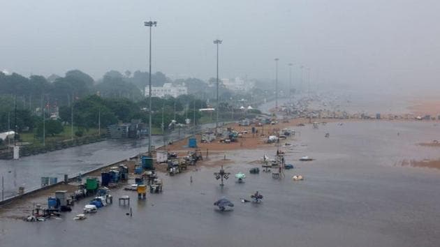 A deserted Marina beach is seen during rains before Cyclone Nivar's landfall, in Chennai.(REUTERS)