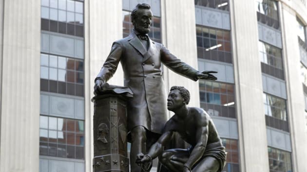 Workers removed the Emancipation Memorial, also known as the Emancipation Group and the Freedman’s Memorial, early Tuesday from a park just off Boston Common where it had stood since 1879.(Associated Press)