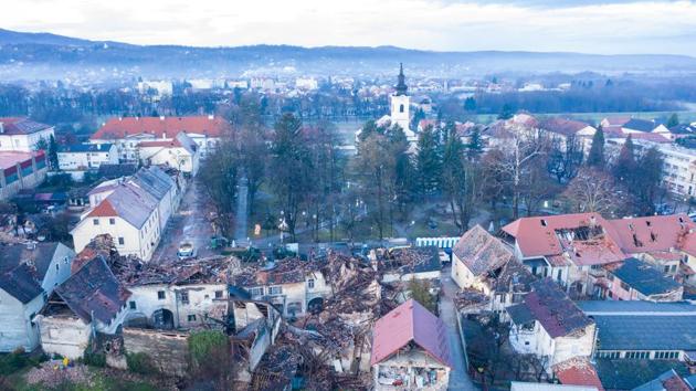 Drone view of damaged buildings after an earthquake in Petrinja, Croatia.(REUTERS) Drone view of damaged buildings after an earthquake in Petrinja, Croatia.(REUTERS)