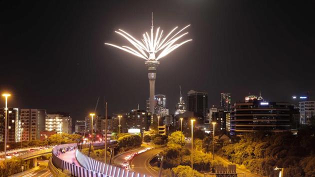 Fireworks are launched from the Sky Tower to mark the changing of the year on New Year's eve in Auckland, New Zealand. (AP) Fireworks are launched from the Sky Tower to mark the changing of the year on New Year's eve in Auckland, New Zealand. (AP)