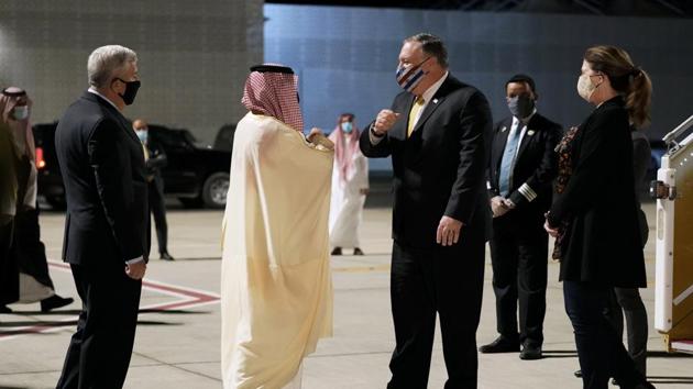 US ambassador to Saudi Arabia John Abizaid and Saudi Arabia's Foreign Minister Faisal bin Farhan, greet Secretary of State Mike Pompeo and his wife Susan as they arrive at Neom Bay Airport in Neom, Saudi Arabia. (AP) US ambassador to Saudi Arabia John Abizaid and Saudi Arabia's Foreign Minister Faisal bin Farhan, greet Secretary of State Mike Pompeo and his wife Susan as they arrive at Neom Bay Airport in Neom, Saudi Arabia. (AP)