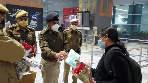 A passenger welcomed at Delhi airport on December 31. (Sourced) A passenger welcomed at Delhi airport on December 31. (Sourced)