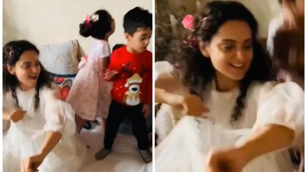 Kangana Ranaut channelling her inner child at the New Year brunch hosted by her. Kangana Ranaut channelling her inner child at the New Year brunch hosted by her.