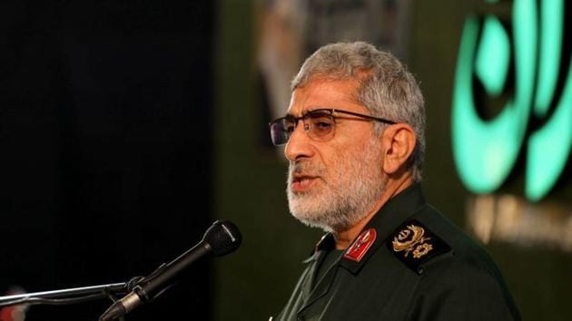 Esmail Ghaani, head of Iran’s elite Quds force, speaks during a ceremony to mark the one year anniversary of the killing of Qassem Soleimani.(VIA REUTERS)