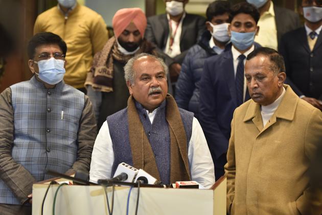 Union ministers Narendra Singh Tomar and Piyush Goyal addressing a press conference after a meeting with a delegation of farm union leaders. (Photo by Sanjeev Verma / Hindustan Times) Union ministers Narendra Singh Tomar and Piyush Goyal addressing a press conference after a meeting with a delegation of farm union leaders. (Photo by Sanjeev Verma / Hindustan Times)