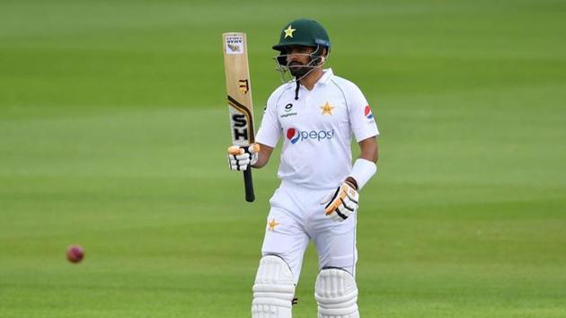 Pakistan's Babar Azam celebrates his half century. (REUTERS) Pakistan's Babar Azam celebrates his half century. (REUTERS)