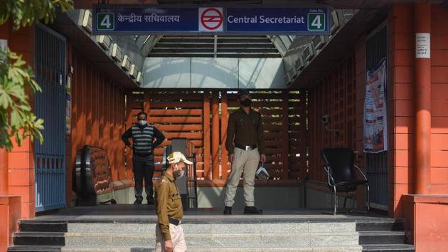 CISF personal stand guard outside Central Secretariat Metro station.(Amal KS/HT PHOTO)