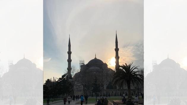 The Sultanahmet area of Istanbul and the Blue Mosque abuzz at sunset