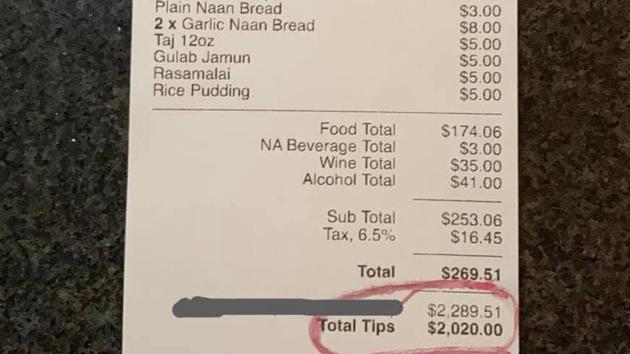 The restaurant shared a picture of the bill on Facebook. (Facebook/@IndianBistroMasalaMantra) The restaurant shared a picture of the bill on Facebook. (Facebook/@IndianBistroMasalaMantra)