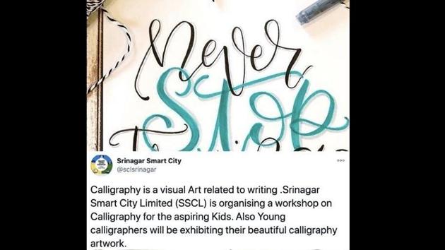 The administration organised the programs in collaboration with some young artists who taught the basics of the calligraphy form to the people who participated in the workshop.(Twitter/@sclsrinagar) The administration organised the programs in collaboration with some young artists who taught the basics of the calligraphy form to the people who participated in the workshop.(Twitter/@sclsrinagar)