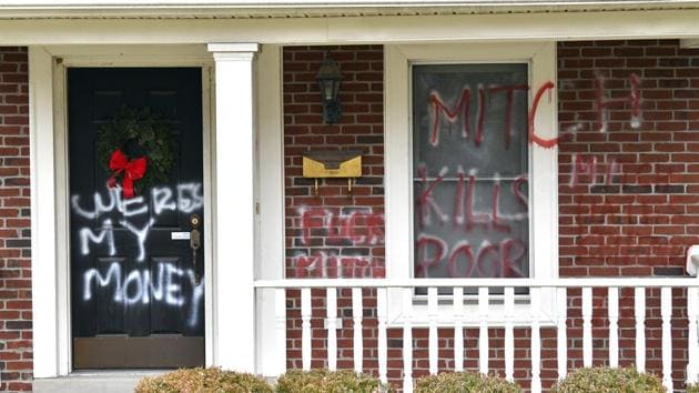 The home of Senate Majority Leader Mitch McConnell is shown as it was vandalized overnight in Louisville, Ky., on Saturday.(AP Photo)