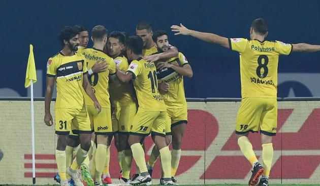 Hyderabad FC players celebrate scoring a goal. (ISL) Hyderabad FC players celebrate scoring a goal. (ISL)
